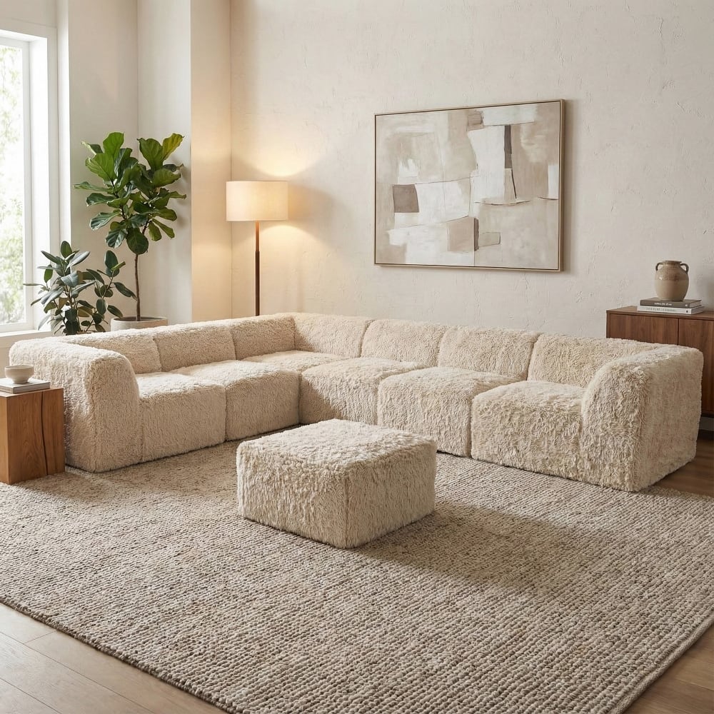 Furniture of America Ylena Modern 7-Piece Faux Fur Foam Modular Compressed Sectional Sofa with Ottoman