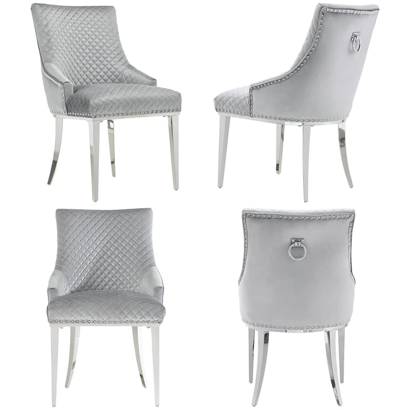 Modern Light Grey Velvet Dining Chairs with Mirrored Silver Legs - Set of 4