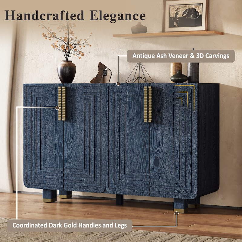 4 Doors Fluted Sideboard Buffet Cabinet, Large Wood Storage Cabinet, Accent Cabinet with Adjustable Shelves & Support Legs