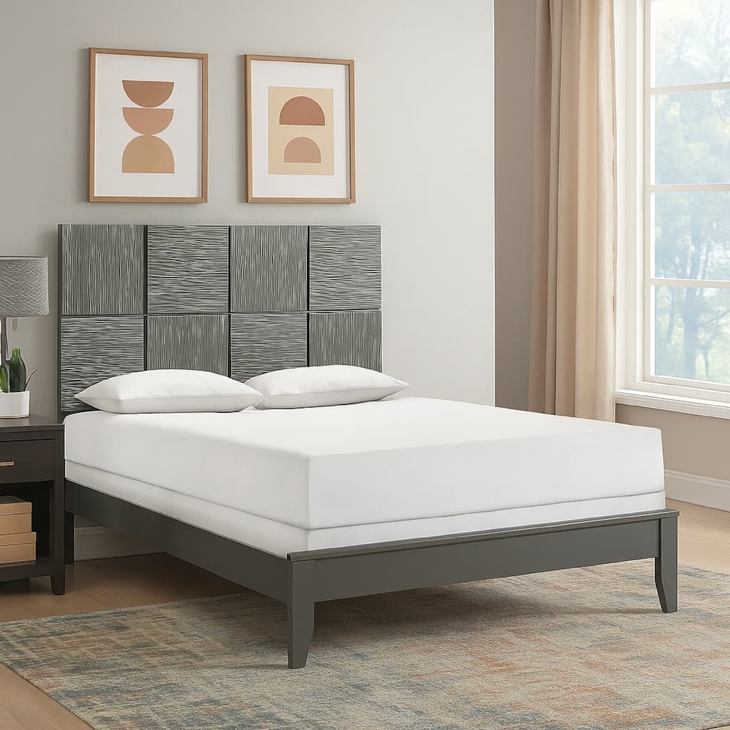 Deny Queen Size Bed w Pattern Headboard, Tapered Front Legs, Metallic Gray