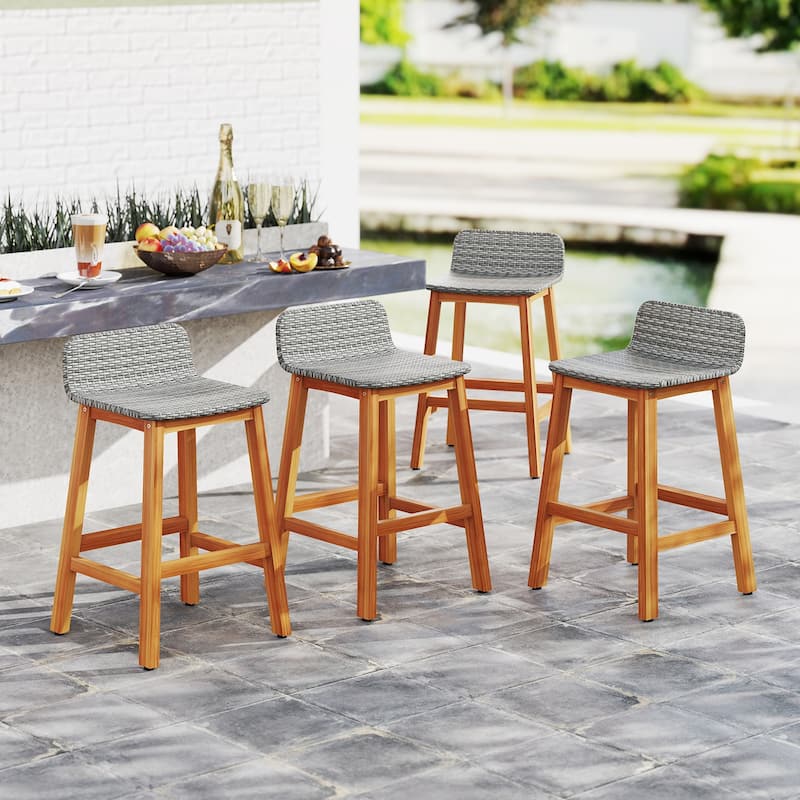 Gymax Solid Acacia Wood Bar Stools Set of 4 Rattan Bar Height Patio