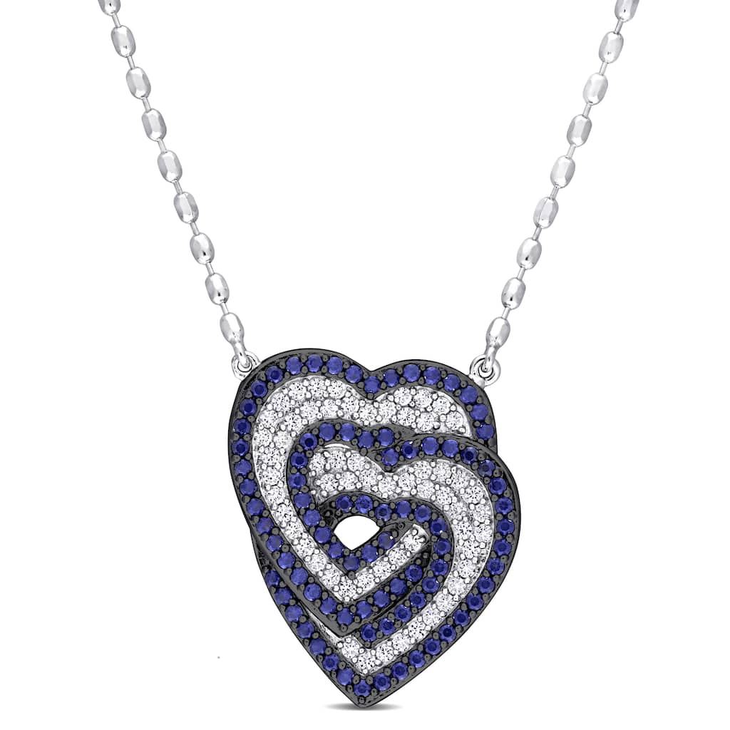Miadora 1 2/5ct TGW Created White Sapphire Created Blue Sapphire Heart Necklace Sterling Silver