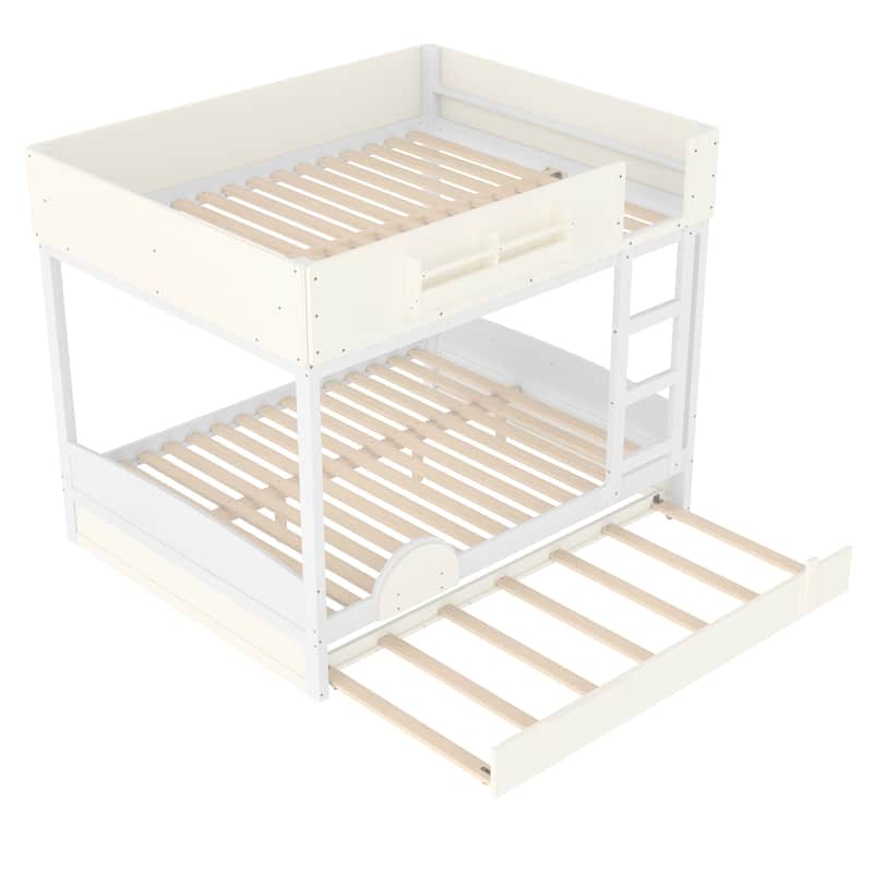 Queen/Full Bunk Bed with Trundle, Built-in Bookshelf & Safety Guardrail, Automobile Design