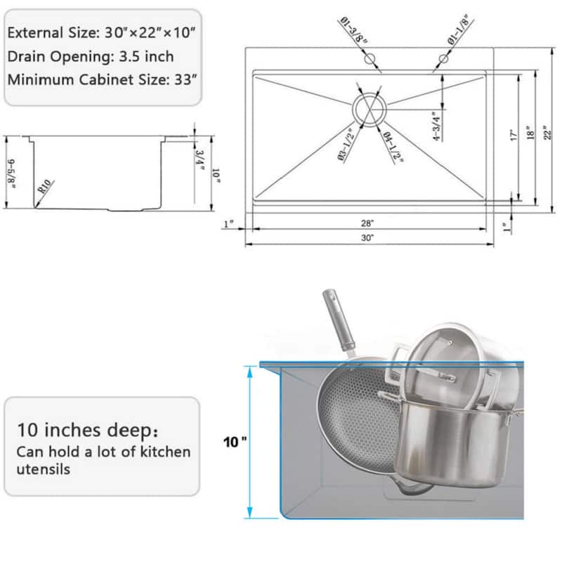 30'' Stainless Steel 2-Hole Single Bowl Drop-In Workstation Kitchen Sink with Bottom Grid&Basket Strainer - Workstation Kitchen Sink