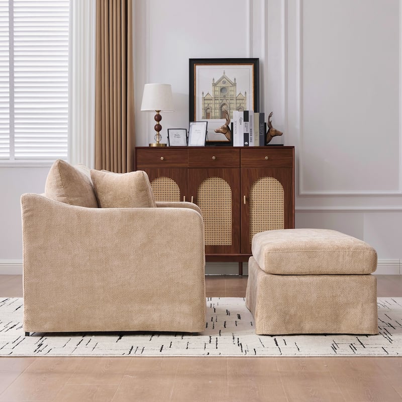 Modern Upholstered Farmhouse Performance Accent Chair with Ottoman