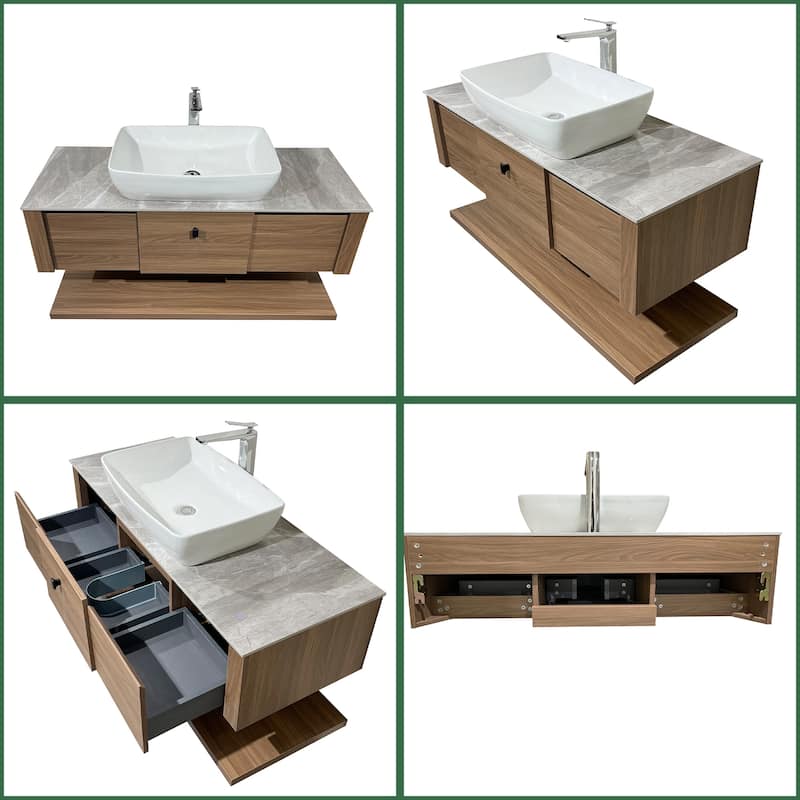 48"Mid Century Modern Wall-Mounted Bathroom Vanities,Single Sink,Brown Wood Texture with Sintered Stone Table top