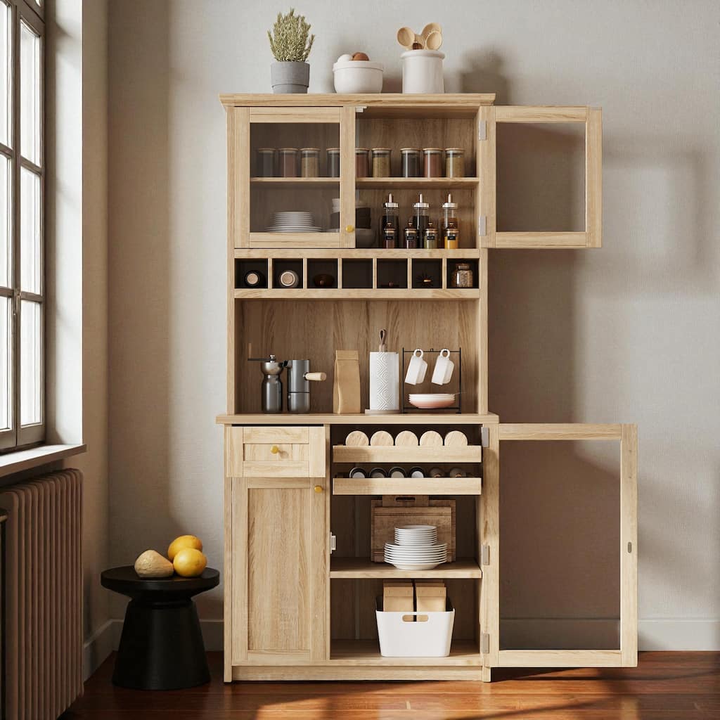 Farmhouse 35" Freestanding Buffet with Hutch, Tall Kitchen Pantry Cabinet with Wine Rack, Drawer, and Adjustable Shelves
