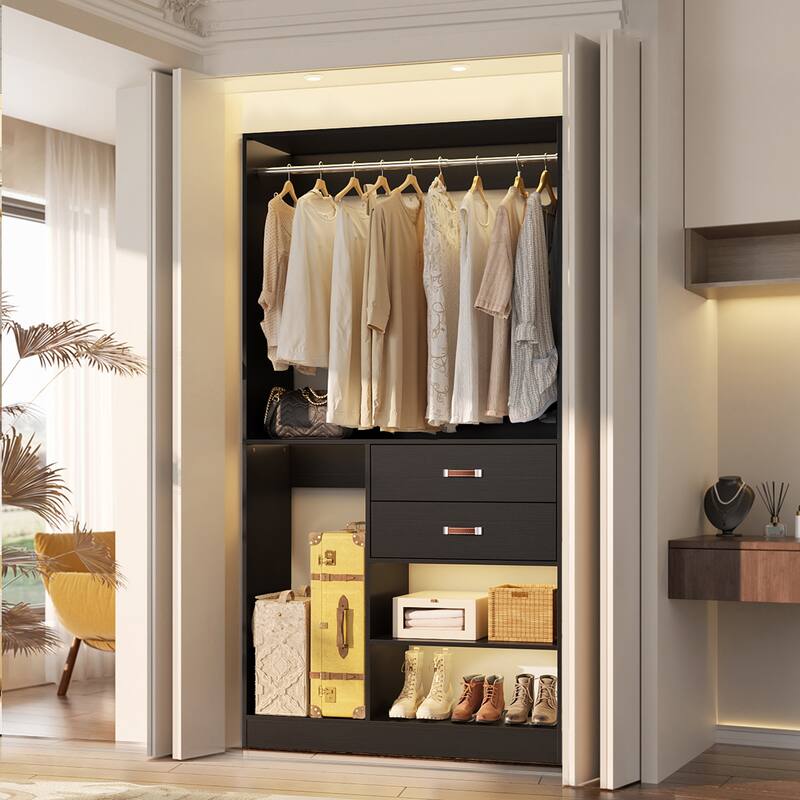 40'' Large Closet System with Shelves and 2 Drawers, Freestanding Closet Organizer with Hanging Rods - 1pc - Black