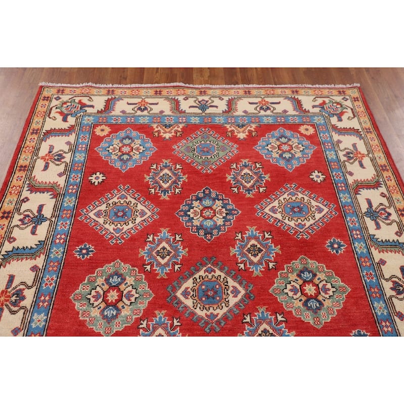 Geometric Kazak Rug Hand-Knotted Bedroom Wool Carpet - 5'2" x 7'0"