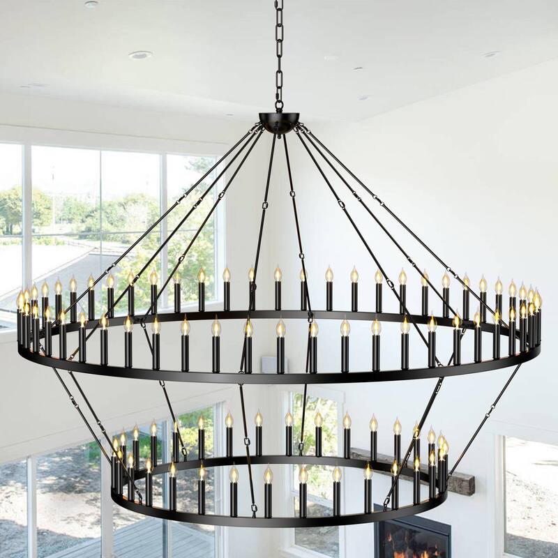 Extra Large Wagon Wheel Chandelier Adjustable Farmhouse Pendant Light for High Ceilings, Rustic Dining Room & Entryway - 2 Tier 88-Lights