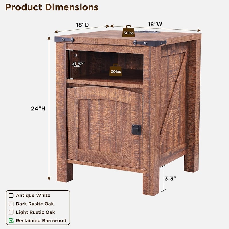 Farmhouse Nightstand with Charging Station, Wood End Table, Side Table
