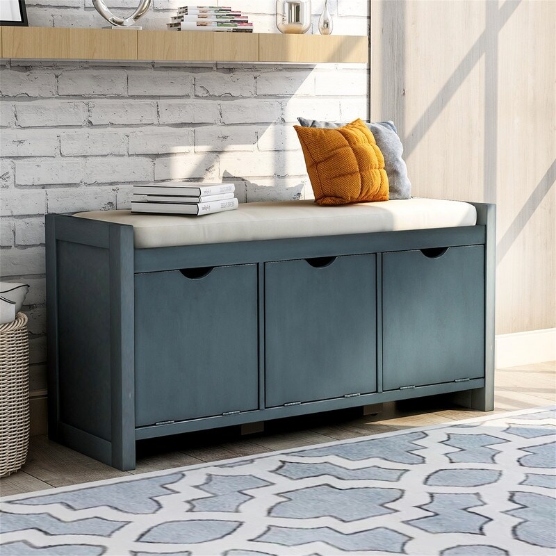Entryway Storage Bench,Cushion&3 Flip Lock Cabinet,Living Room