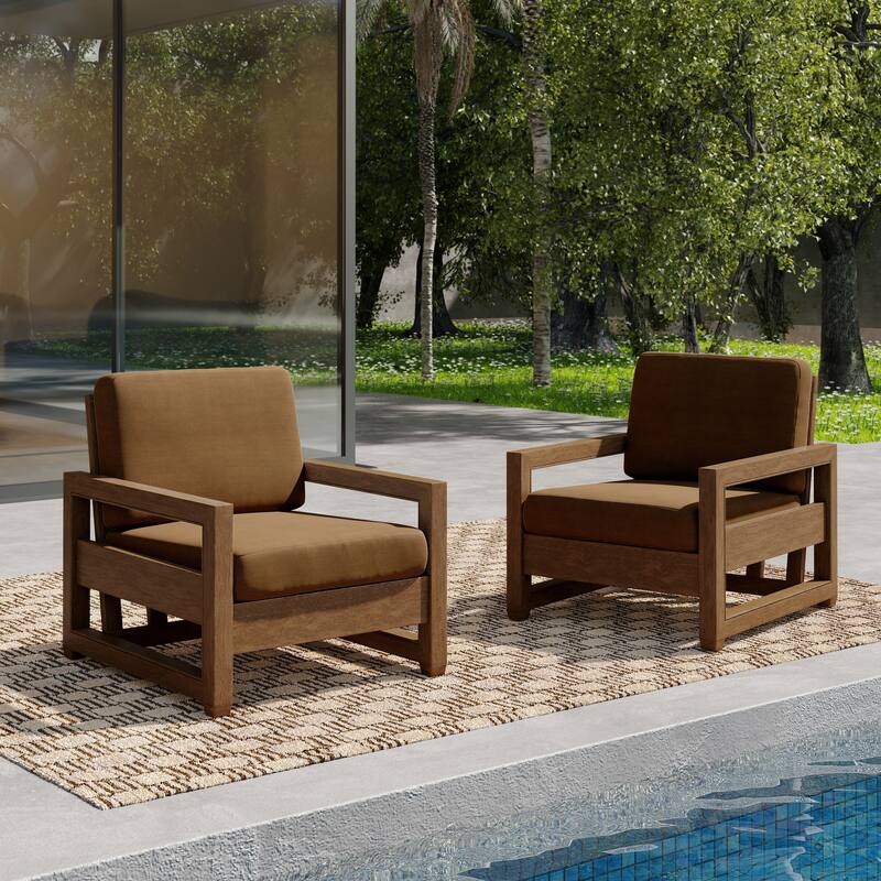 Patio Teak Wood Outdoor Arm Chair with Cushion - Natural Wood - Light Brown-Set of 2 Armchair