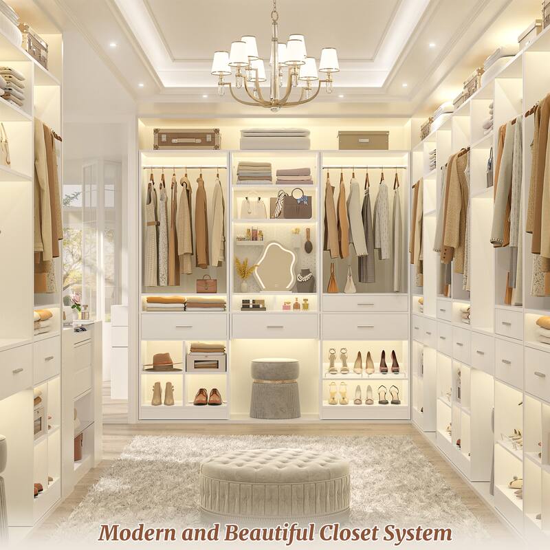 Set of 2 Closet System with Hanging Rod and 11 Open Shelves,Walk-in Closet Organizer with 2 Wooden Drawers and Magnetic Pegboard
