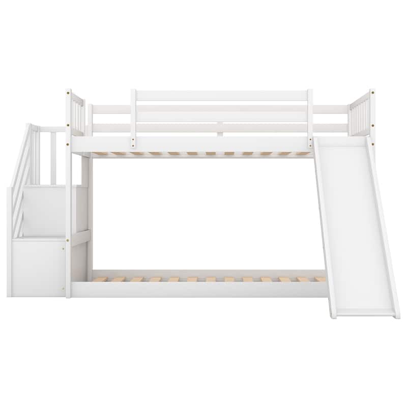 Twin Over Twin Wood Bunk Bed with Convertible Slide and Stairway