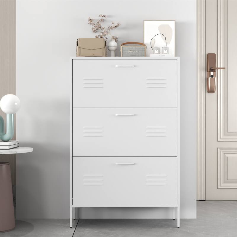 Freestanding Shoe Storage Cabinet with 3 Flip Drawers and Metal Frame