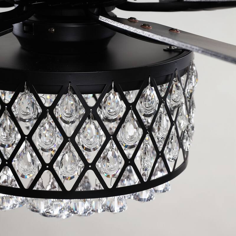 52-inch Modern 5-Blade Black Crystal Chandelier Ceiling Fan with Remote