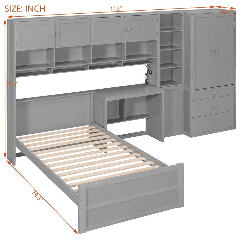 Twin Size Wood Platform Bed with Built-in Desk, Wardrobe, Cabinets & Drawers