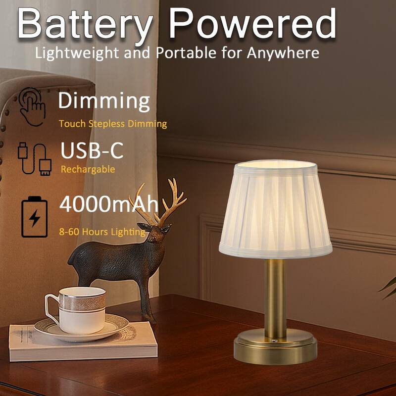 Modern Type-C Rechargeable LED Table Lamp Dimmable Touch Control with Fabric Shade For Bedroom Living Room - W6''