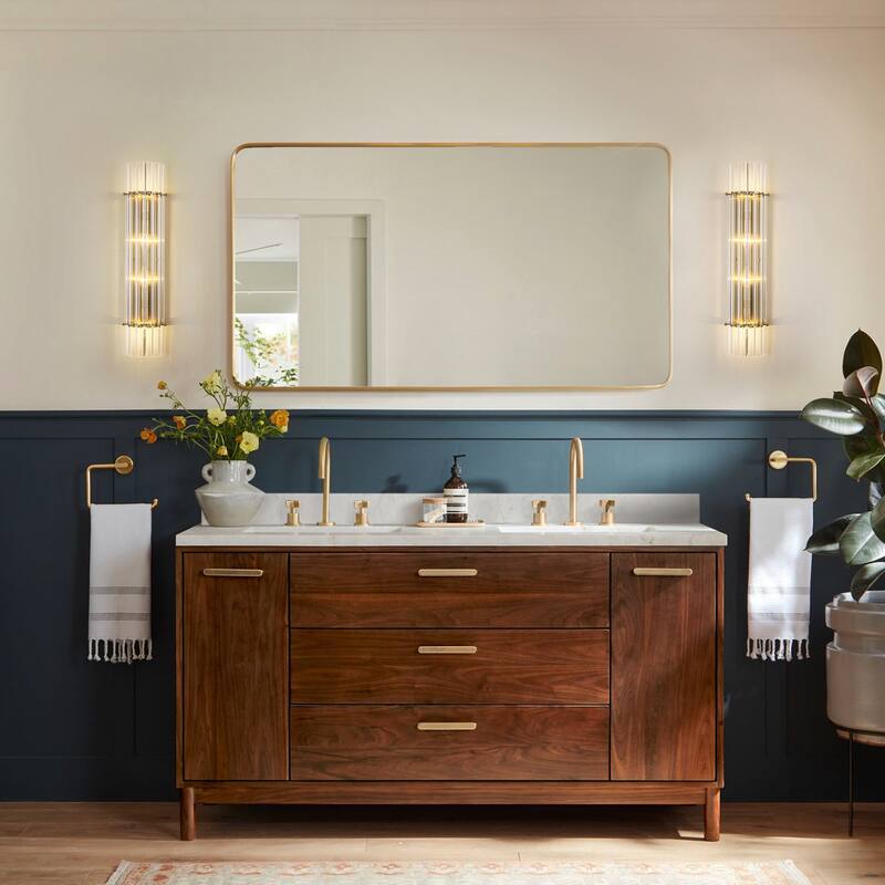 Rennnsan 4-Light Modern Wall Sconce Gold Linear Clear Glass Bathroom Vanity Light - 5.6 in. L x 3.5 in. D x 27.0 in. H