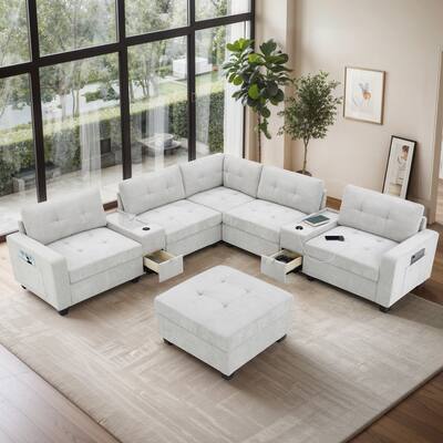 104'' U Shaped Chenille Sofa Set with Acrylic Table, 2 Consoles, USB, Storage, Ottoman, Tufted, Light Gray