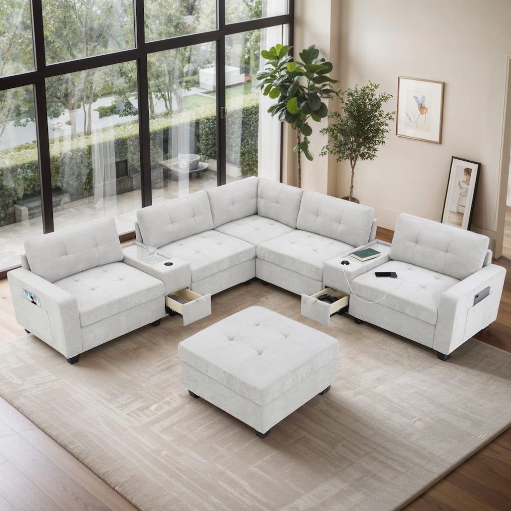104'' U Shaped Chenille Sofa Set with Acrylic Table, 2 Consoles, USB, Storage, Ottoman, Tufted, Light Gray