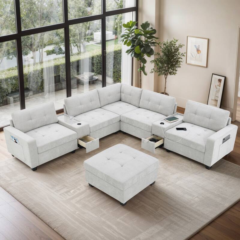 L-shape Chenille Sectional Sofa with 2 Acrylic Consoles Table Top, USB Charger, 2 Drawers, Pockets and Ottoman for Living Room