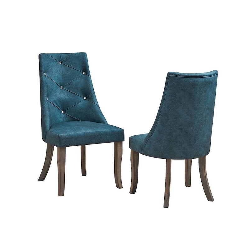 Crystal-Tufted Upholstered Fabric Dining Room Chairs, Set of 2, Blue
