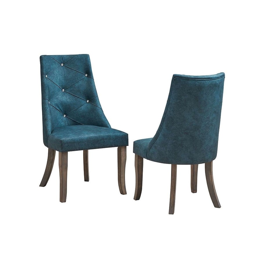 Crystal-Tufted Upholstered Fabric Dining Room Chairs, Set of 2, Blue