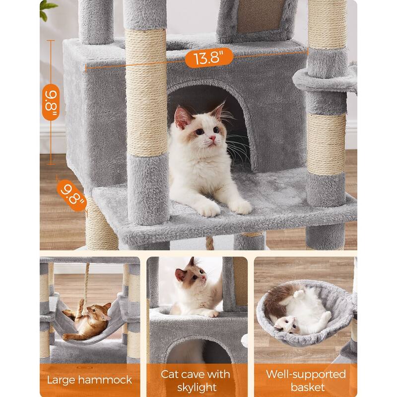 Cat Tree, 66.1-Inch Large Cat Tower with 13 Scratching Posts, 2 Perches, 2 Caves, Basket, Hammock, Pompoms