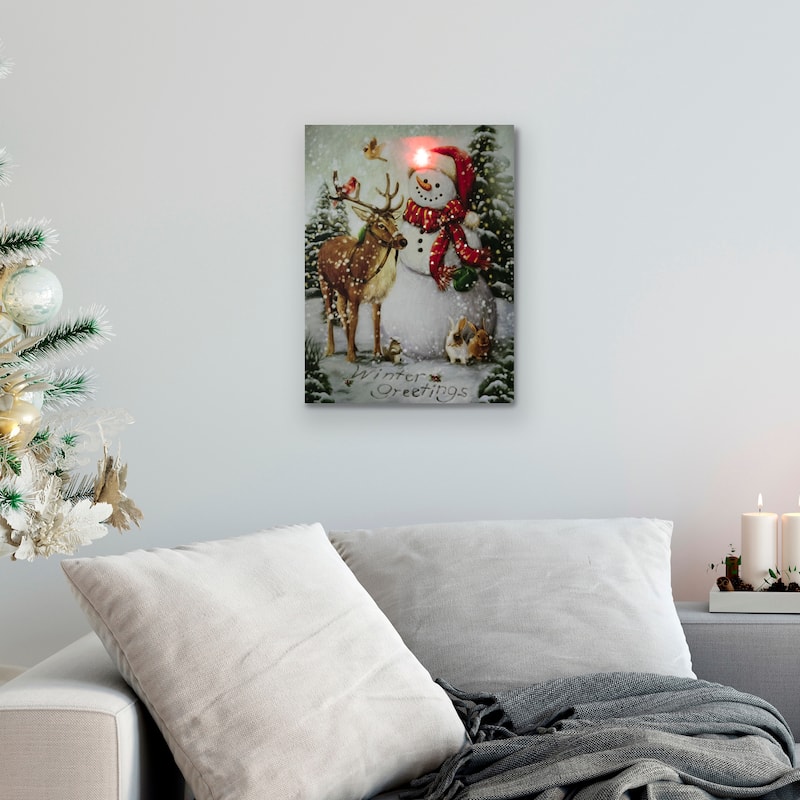 LED Lighted Snowman and Reindeer Christmas Canvas Wall Art 15.75" x 11.75"
