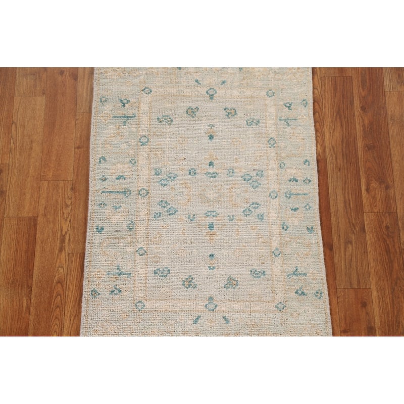 Hand Knotted Oriental 100% Wool Carpet Transitional Floral Green Oushak Area Rug - 2' 9'' X 1' 11''