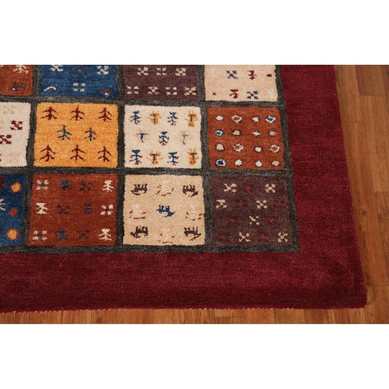 Tribal Geometric Gabbeh Indian Area Rug Red Hand-Tufted Wool Carpet - 5'3" x 7'7"