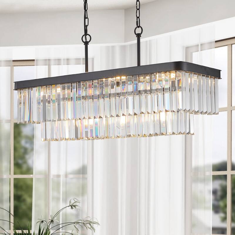 Chandeliers,Rectangular Crystal Chandelier Adjustable,E12 Crystal Lights,Iron Ceiling Hanging Light(Bulb Not Included)