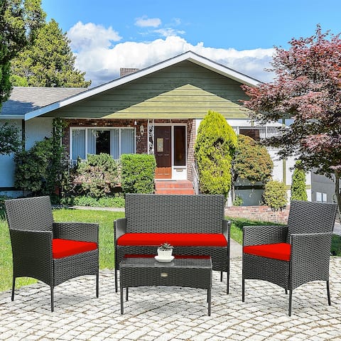 Gymax 4PCS Outdoor Furniture Set Patio Rattan Conversation Set w/ Red - See Details