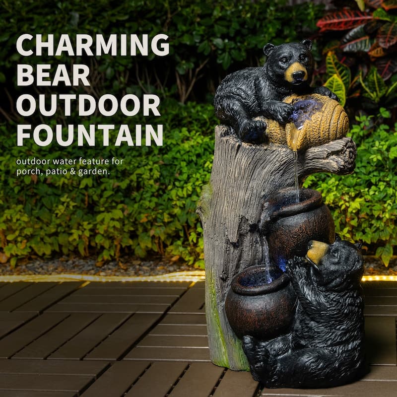 23.62 Inch Bear Outdoor Water Fountain with LED Lights Cascading Resin Garden Water Feature - N/A
