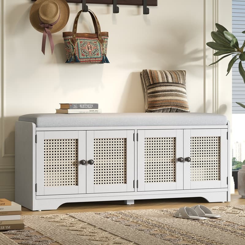 Rustic 47.4" Storage Bench Multifunctional Wooden Entryway Organizer with Removable Cushion and Rattan Doors - White