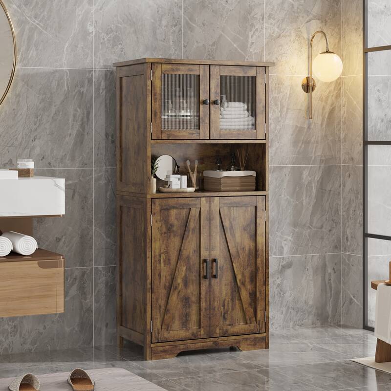 Freestanding Floor Linen Storage Cabinet with Doors and Shelves for Bathroom, Kitchen