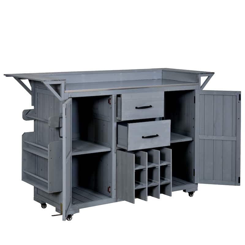 60.2"W Rolling Outdoor Kitchen Island with Wheels and Stainless Steel Top, Wood Grill Cart with Spice Rack&Wine Rack
