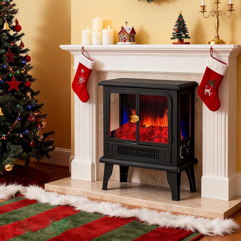 19" Freestanding Electric Fireplace Stove, Fire Place Heater with Realistic Logs and Flame Effect and Overheat Protection