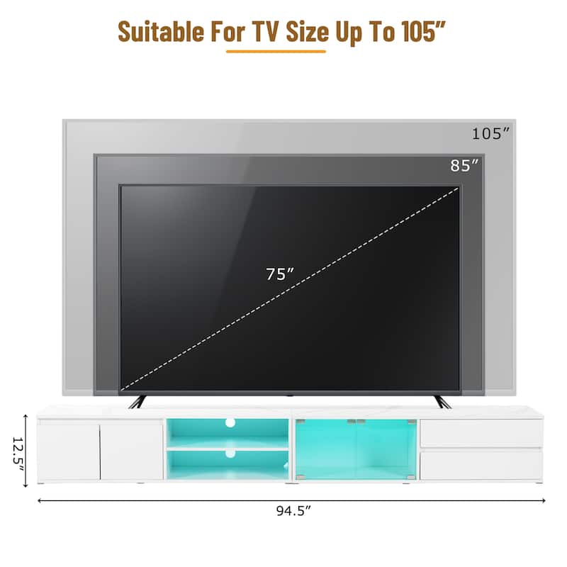 LED TV Stand for TVs Up to 105'', Faux Marble Tabletop TV Console with Glass Doors, Media Center with 2 Drawers & Cabinets