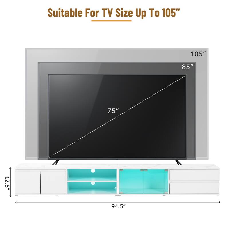 Modern APP Controlled LED TV Stand for TVs up to 105" with Faux Marble Top, Tempered Glass Doors, 2 Drawers & Cabinets, White