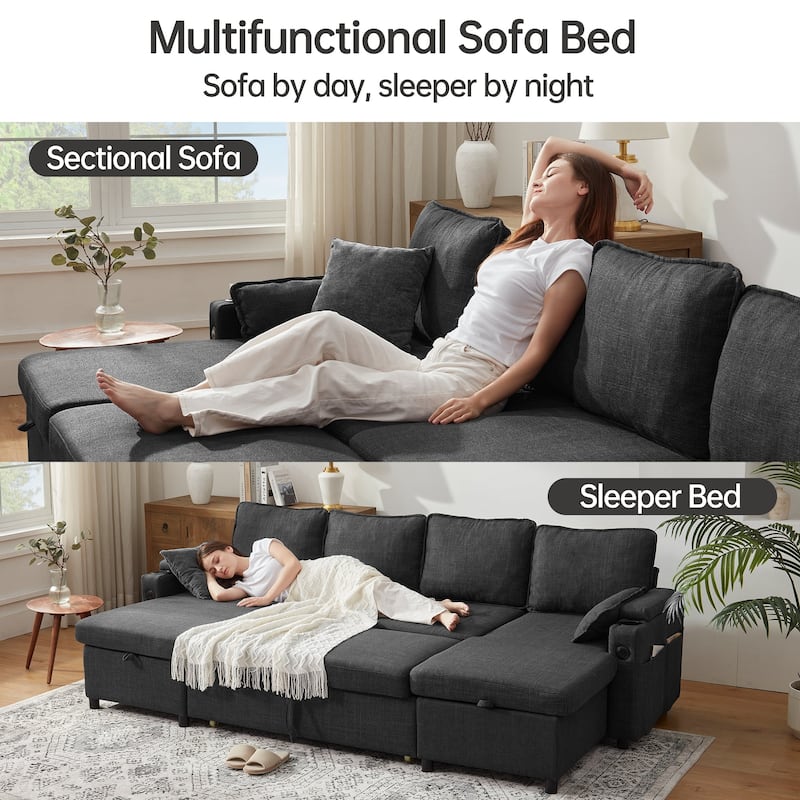 Convertible Sleeper Sofa 3-in-1 Pull Out Sectional Sofa Bed L/U-Shaped Couch with Storage Chaise