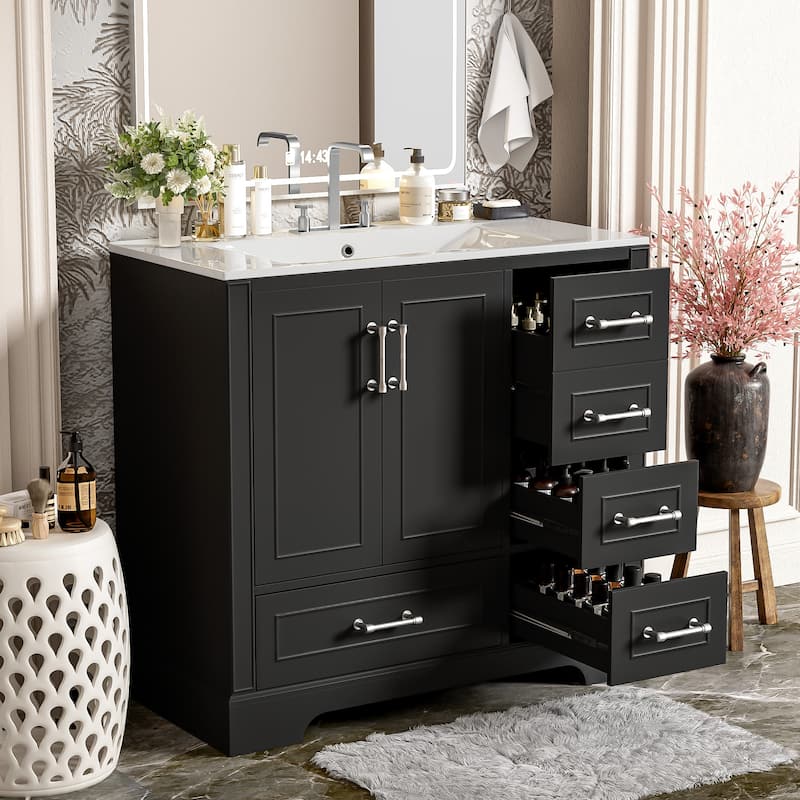 Roomfitters 36" Traditional Bathroom Vanity with Ceramic Sink, 2 Soft Close Doors and 4 Drawers