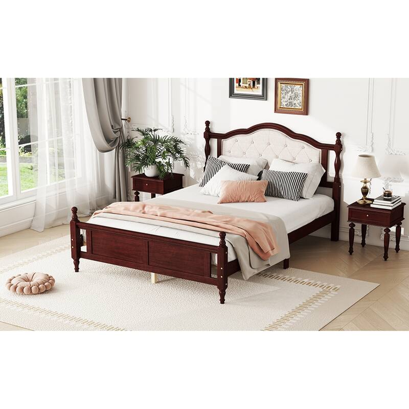 Roomfitters Queen Pine Wood Bed Frame with Upholstered Headboard and Panel Footboard, Platform Support Design, Cherry