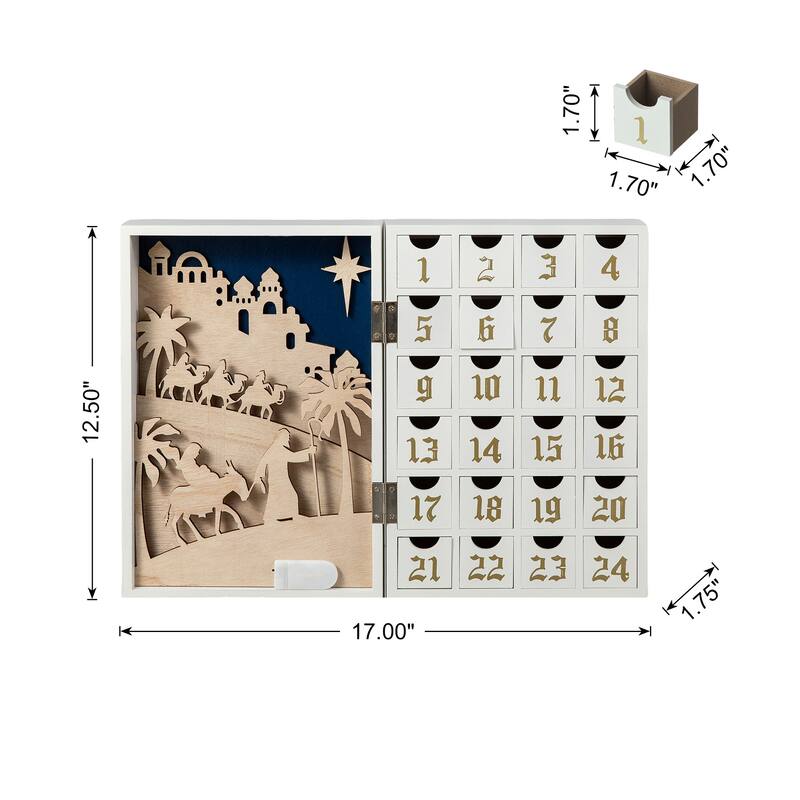 Glitzhome 17"L Lighted Wooden Nativity Advent Calendar for Adults & Kids Christmas Decoration - Nativity Advent Calendar