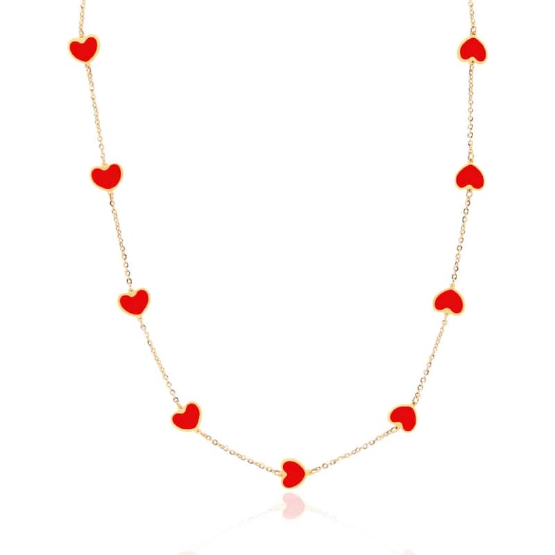 Curata 14k Yellow Gold Italian 18" Inlaid Genuine Gemstone 7mm Heart Station Necklace - Red Coral