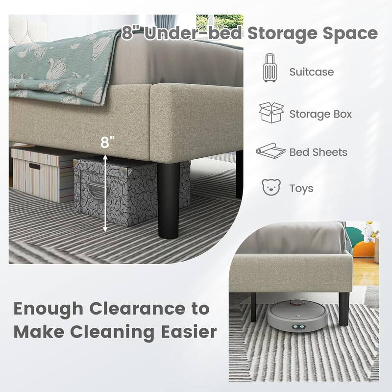 Twin Bed Frames for Kids Upholstered Platform Bed w/ Tufted Headboard