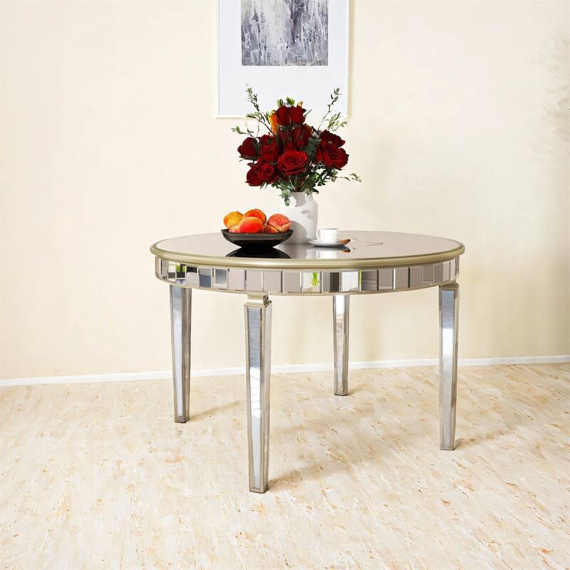 47.24" Round Mirror Top Dining Table Tapered Metal Legs - Silver