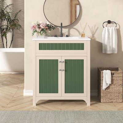 30''Bathroom Vanity Cabinet with Ceramic Sink Combo Set,Solid Wood Frame Bathroom Storage Cabinet with Height Adjustable Shelf